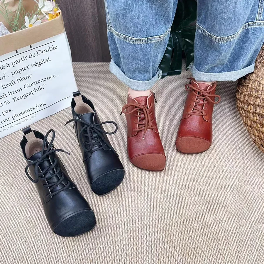 Birkuir Genuine Leather Short Boots For Women 2023 New Spring Autumn Shoes Handmade Elegant Retro Round Toe Lace-Up Ankle Boots