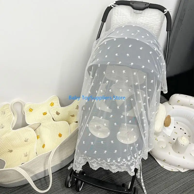 R1WF شبكة مكافحة البعوض واقية من الشمس غطاء عربة الأطفال تنفس الصيف علة صافي المطرزة الدانتيل غطاء شبكي للكرسي الذي يدفع باليدين