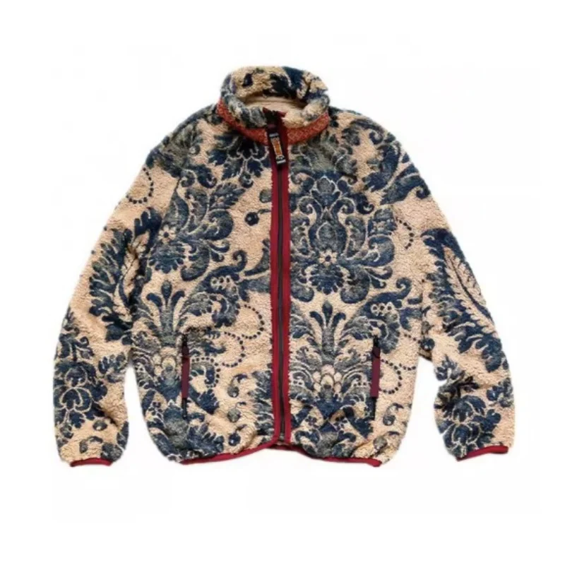 

﻿Japanese-style Autumn Winter Ethnic Style Fleece Lamb Wool Jacket Men's and Women's Retro Casual Zipper Warm Printed Coat﻿
