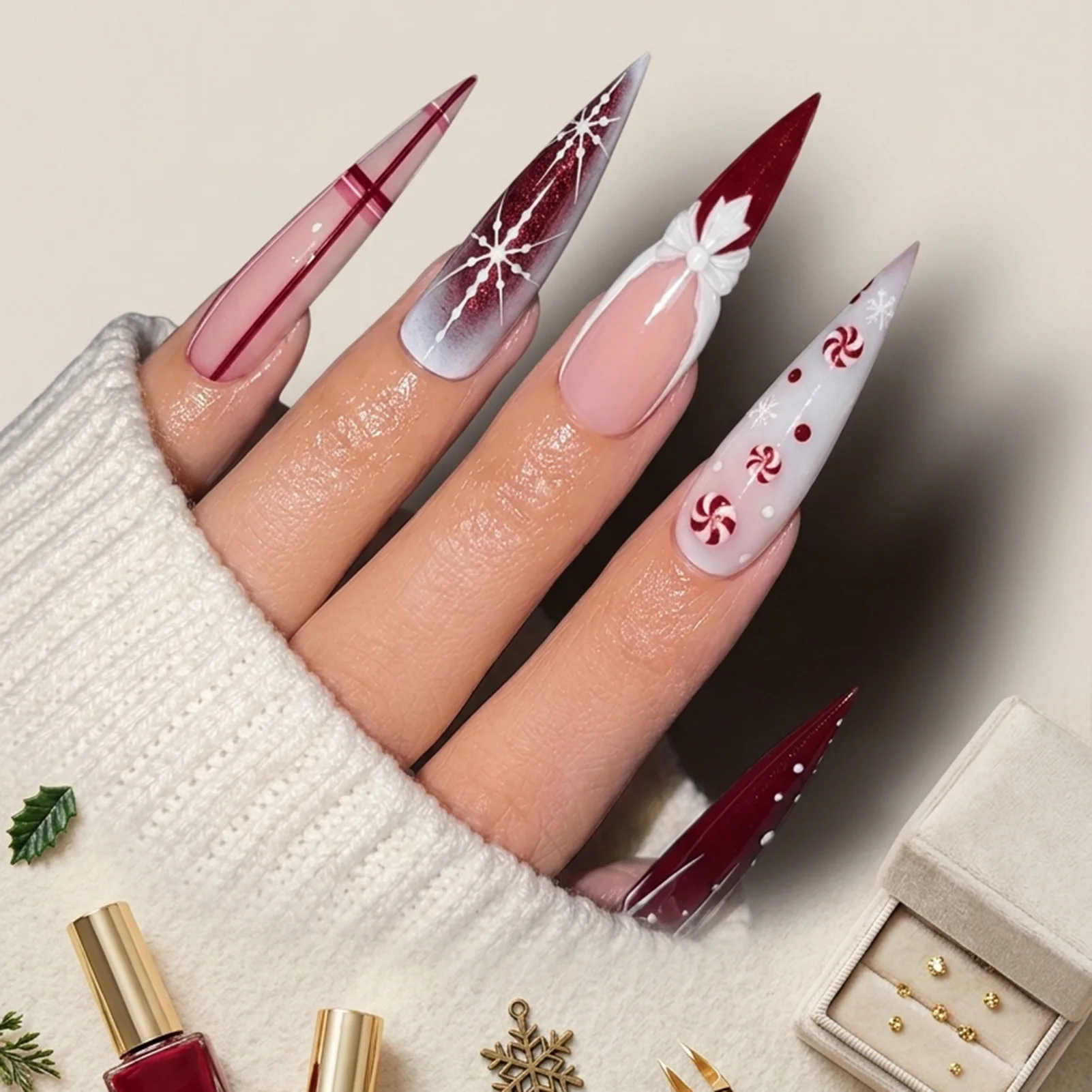 Press On Nails Resin Christmas Snowflake Bow French Plaid Long Pointed False Nail Tips for Holiday Party Salon Wear