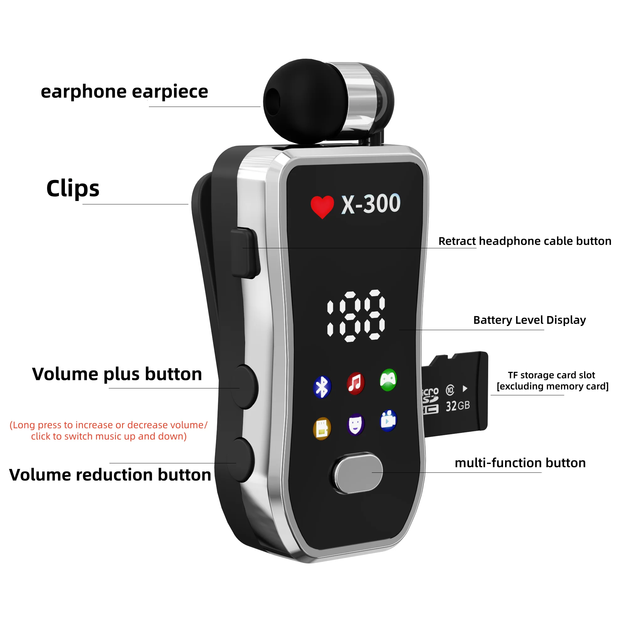Business Bluetooth earphones X300 PK F920 with MP3 function after inserting storage card, high-definition sound quality