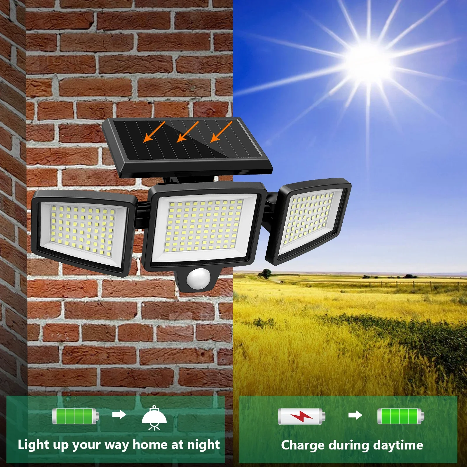 Solar Outdoor Light 2500LM 210 LED Safety Light with Remote Control, 3-Head Motion Sensor Light, IP65 Waterproof, 270° Wide Ang