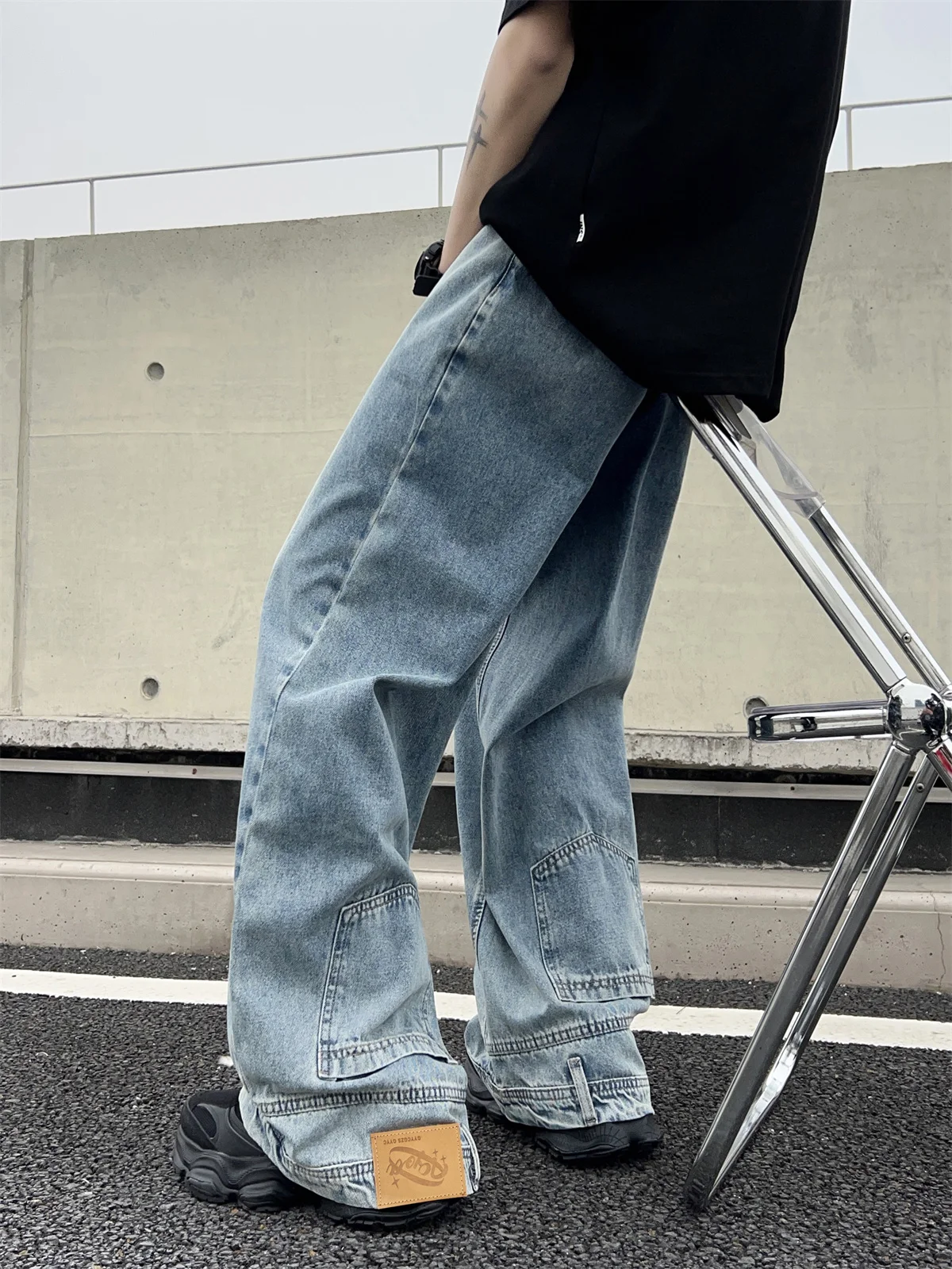 

Waed Jeans Men's High Street Loose Straight American Design Sensation Wide Leg Floor-Length Pants Trendy Casual Long Trousers