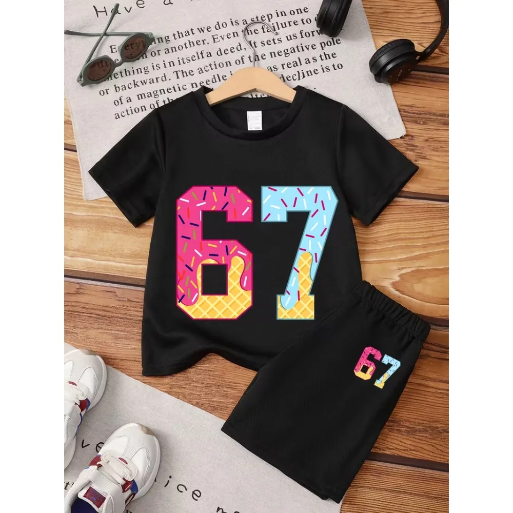 

Boys 67 New Short Sleeve Quick Drying Breathable Set, Children Sports and Leisure Lightweight T-shirt+High Quality Short Sleeve
