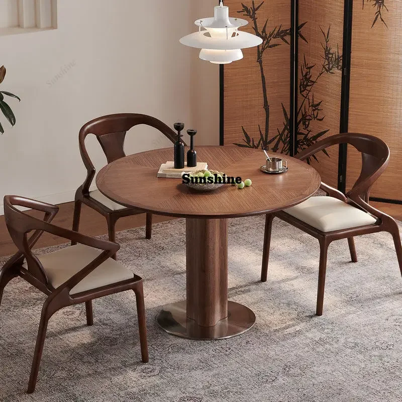 

Medieval round French retro style solid wood dining table small apartment stainless steel round tableTJ