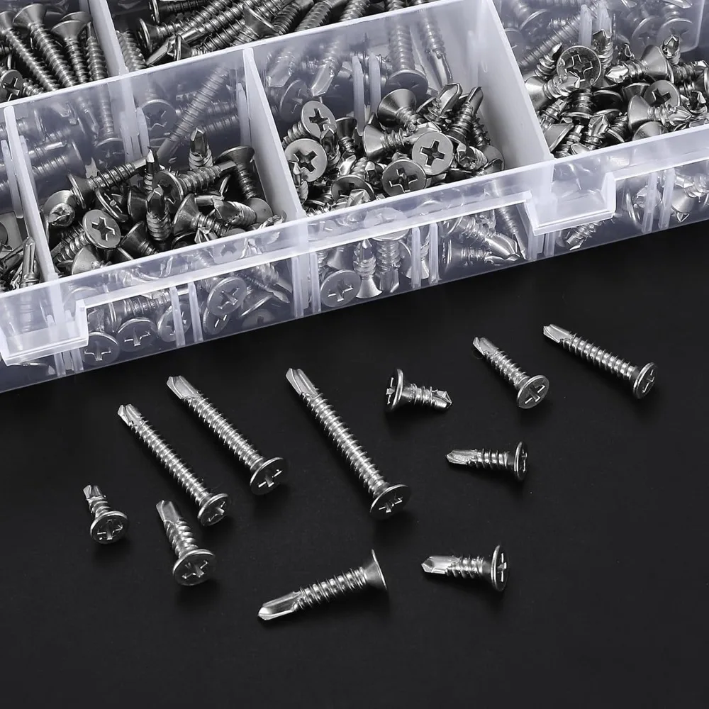 440Pcs Self Tapping Screws M4.2 M4.8 Stainless Steel Cross Head Screw Slotted Flat Head Phillips Self Drilling Screws 13-38mm