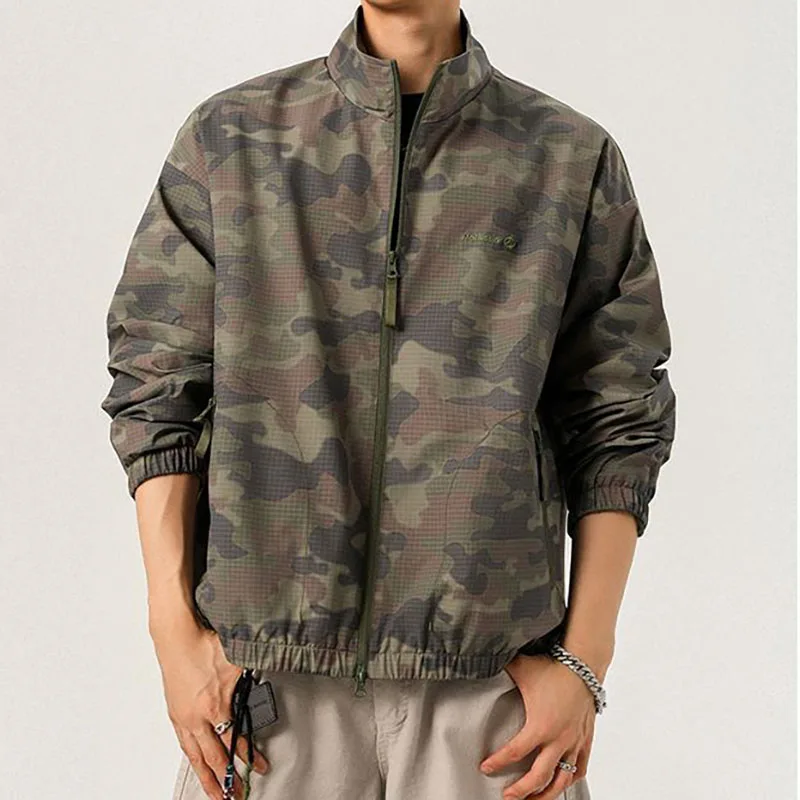 Camouflage Stand Collar Jacket Men's Spring Autumn Double Layer Mesh Inner Lining Coat Letter Embroidered Outdoor Loose Casual