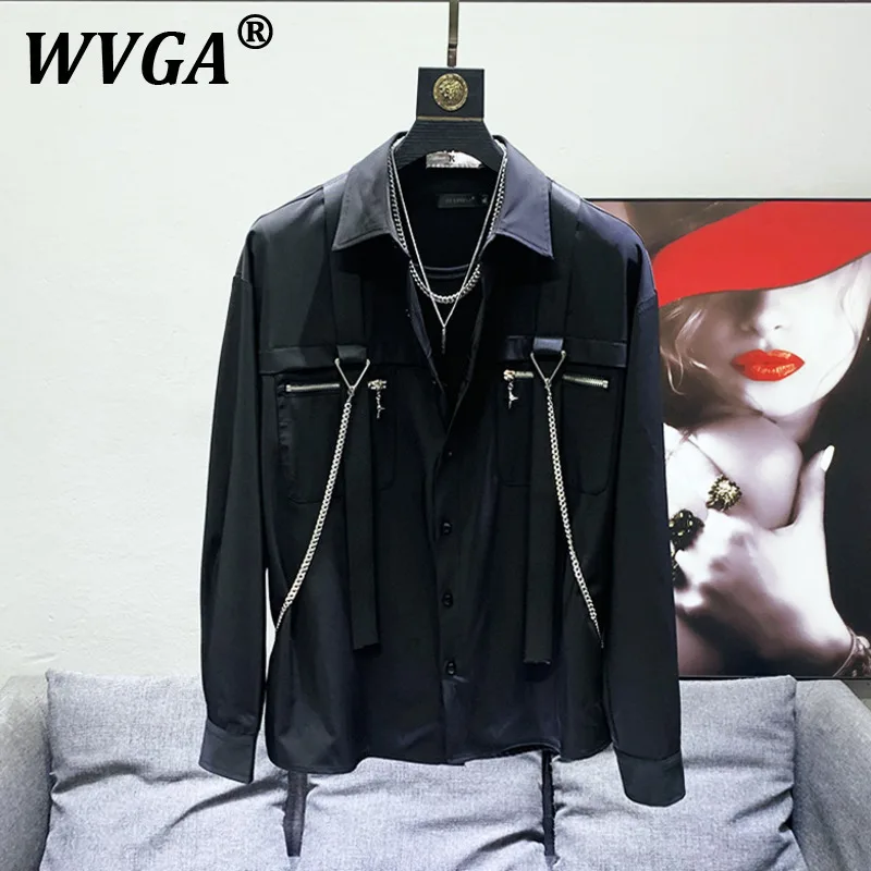 

WVGA Весна Осень Новые мужские рубашки с цепочкой на бретелях Модные рубашки с длинным рукавом Красивая нишевая шикарная повседневная рубашка Ins Y2K W10348