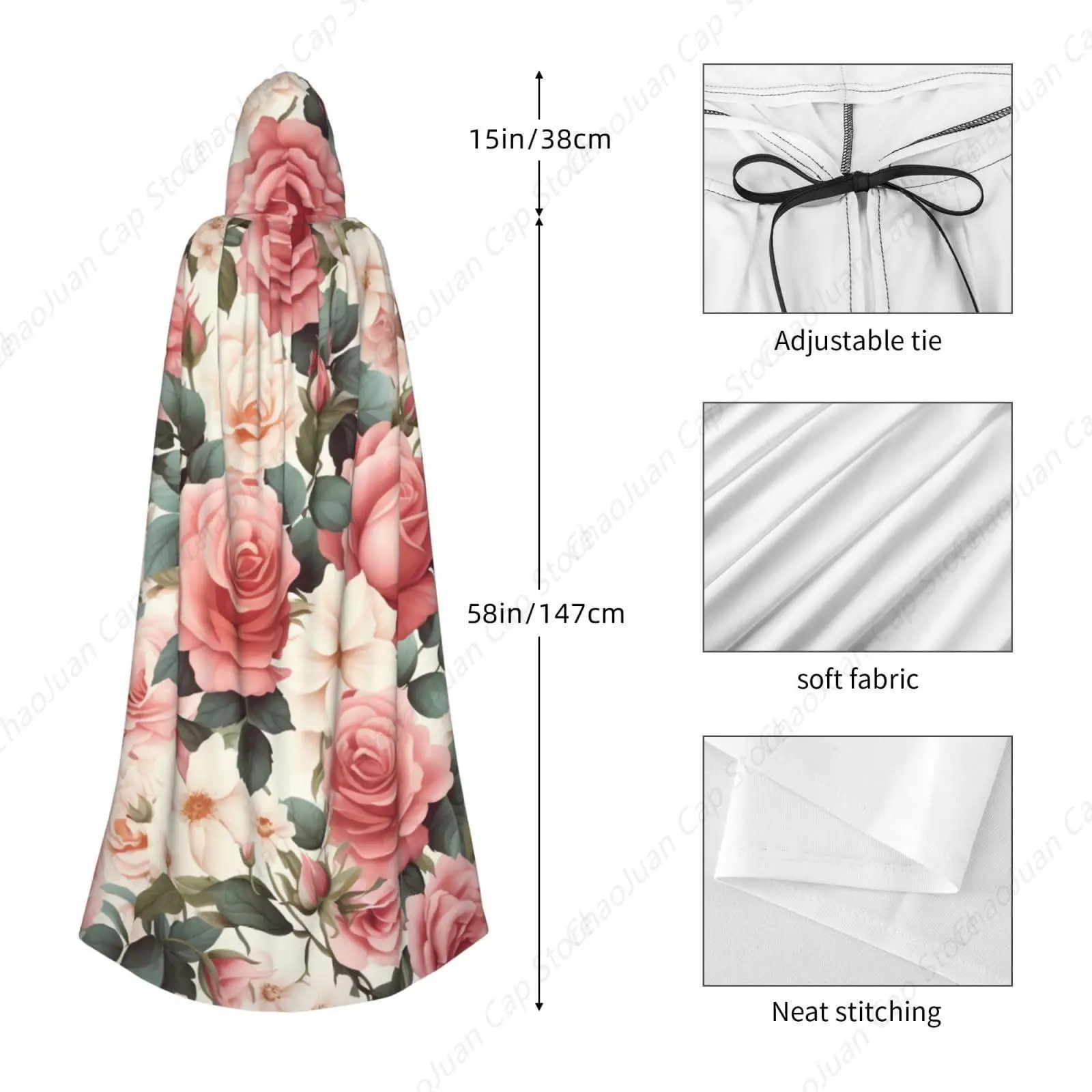 Pink rose floral Hooded Cloak Halloween Costumes Wizard Cloak Medieval Renaissance Cosplay Cape Robe with Hood