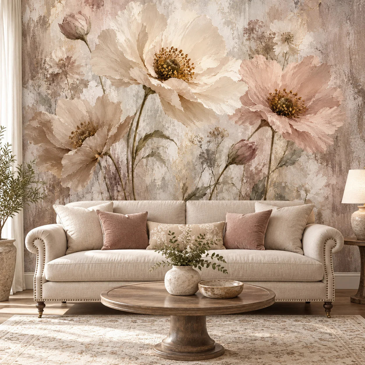 Floral Wallpaper Mural Vintage Beige Pink Flower Wall Art Living Room Bedroom Non Self Adhesive Botanical Wall Decor Large Mural