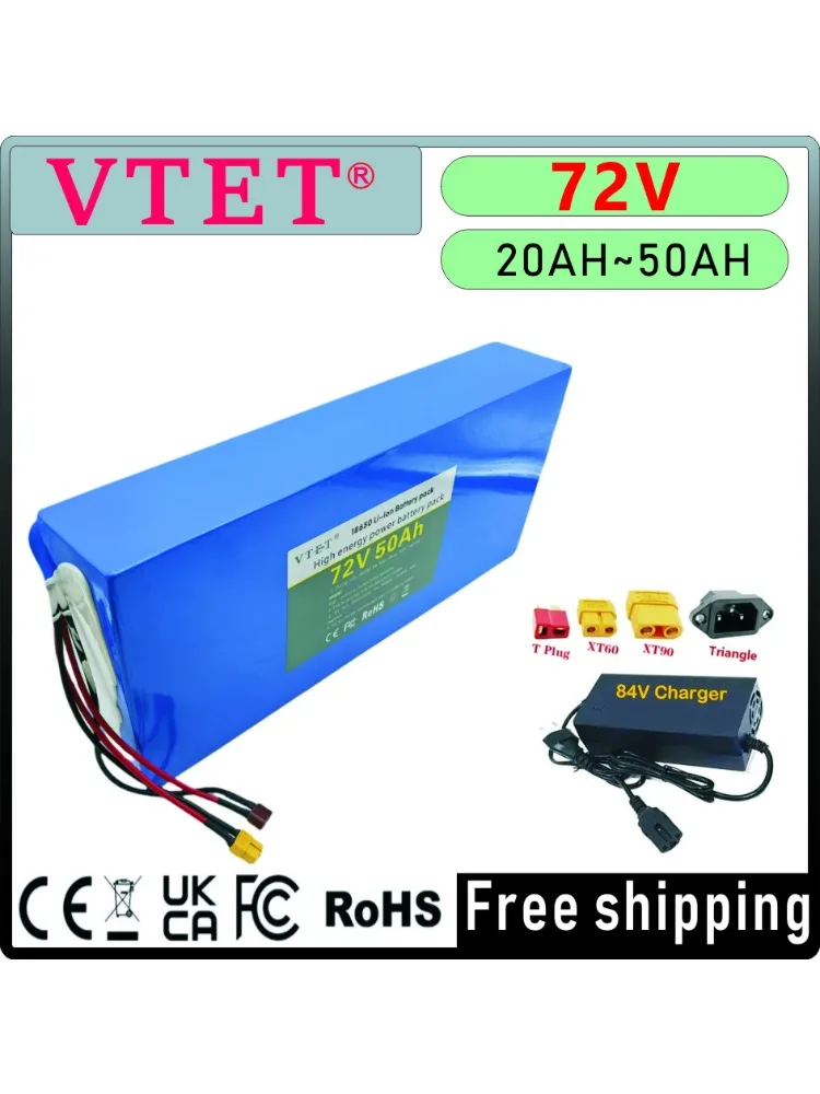 AliExpress VTET New72V 50Ah 18650 Lithium Battery  Pack Bicycle Scooter Motorcycle with BMS 1000W-3000W High Power Battery+ 84V3A Charger