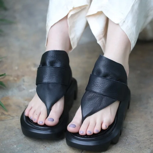 Birkuir Open Toe Platform Flip Flops Sandals Women Thick Heel Sandals Hook Loop Genuine Leather Flat Heel Light Weight Slides