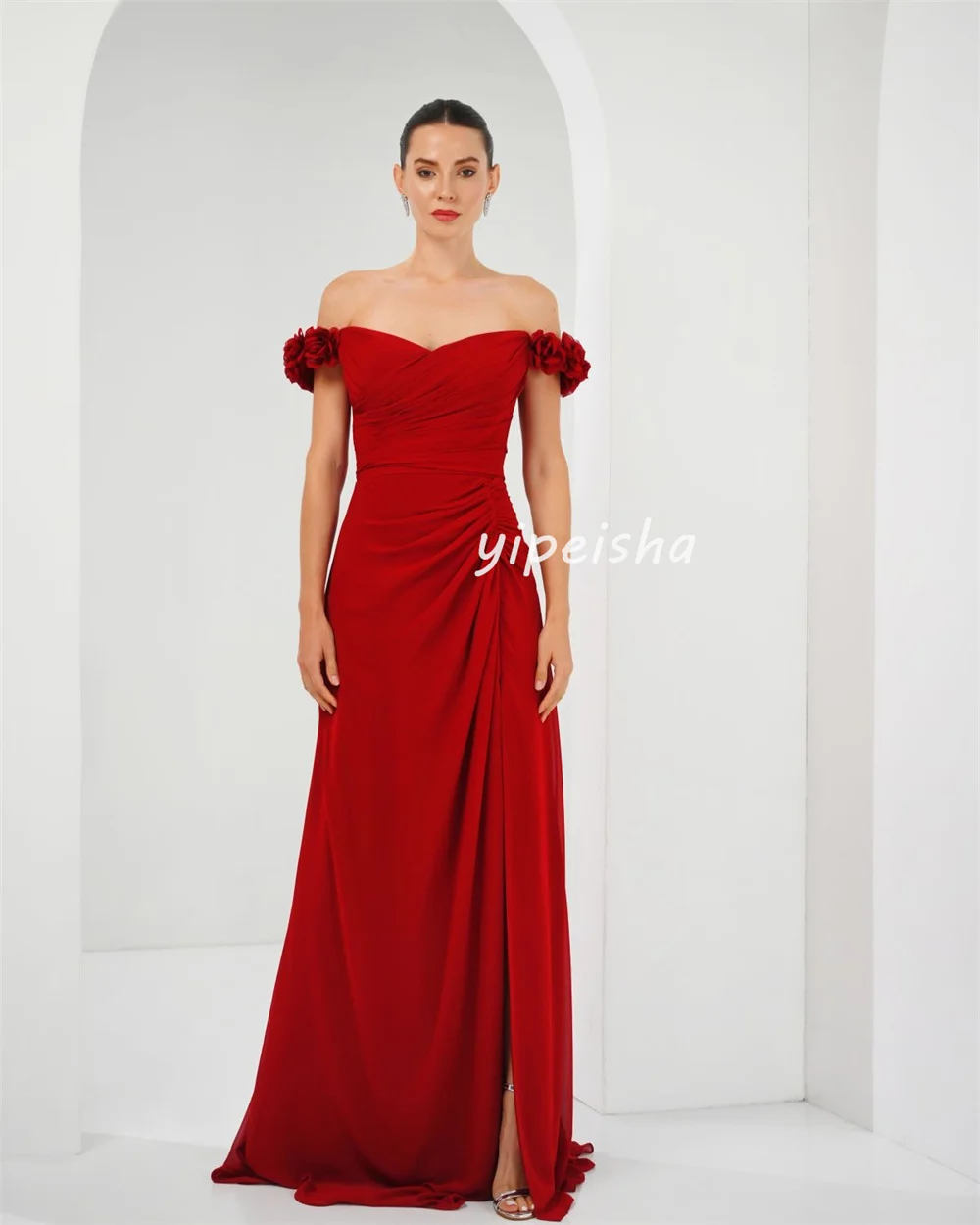 Customized Sexy Matching Jersey Pleat Fashion Ruched A-line Off-the-shoulder Long Dresses Bespoke Occasion Dresses Exquisite