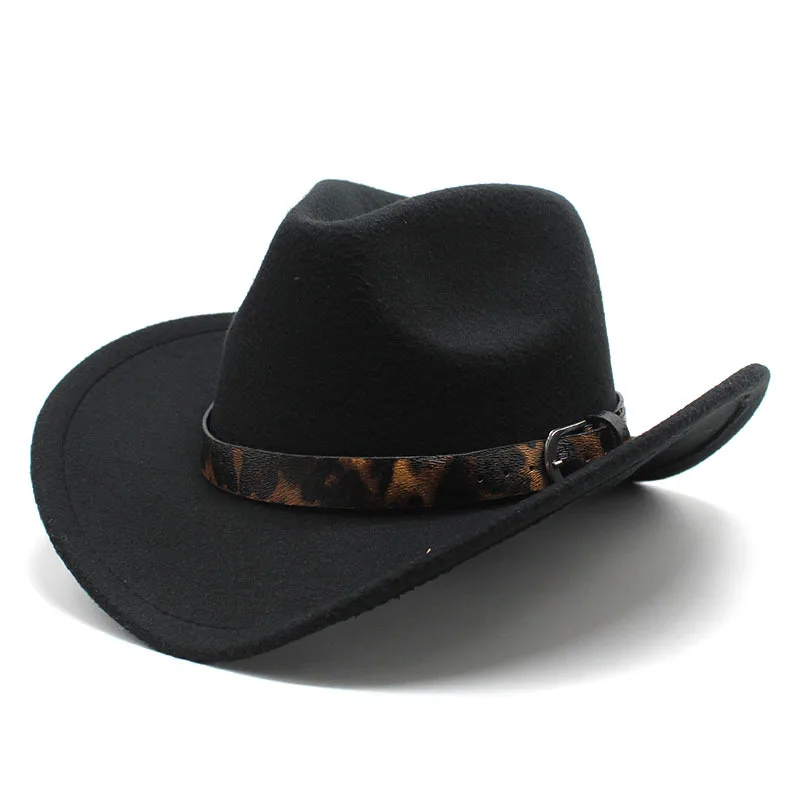 Hot Selling  Leopard Print Belt Cowboy Hat Autumn And Winter Woolen Bowler Hat Men And Women Wide Brim Curling Jazz Felt Cap