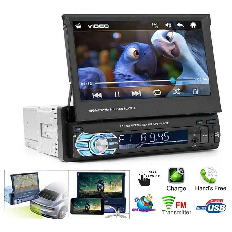 Car Stereo MP5 Player 7 Inch Retractable Press Screen Support 1080P USB Port Bluetooth AUX FM/AM Radio