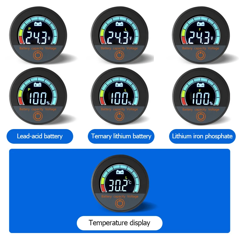 Digital Round Battery Voltmeter DC 8V-100V Capacity Indicator Power Meter Lithium LiFePO4 Lead-acid Cell 12V 24V 48V 60V 72V 84V