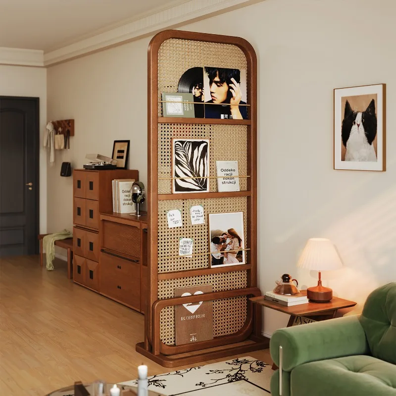 Medieval solid wood screen living room rattan partition, floor ultra-thin storage rack