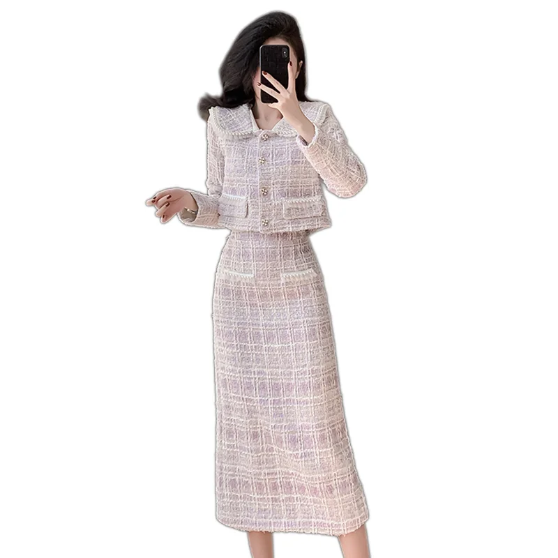 Autumn Winter Women Plaid Tweed Skirt Suits Beading Turn-down Collar Short Jacket And High Waist Long Skirt Two Piece Set