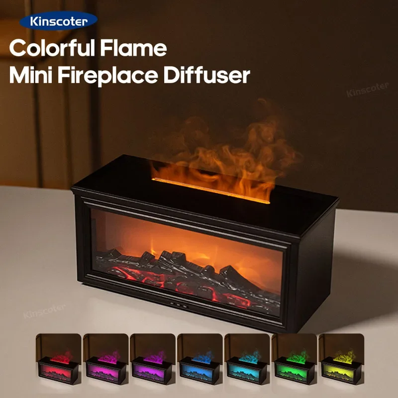 

New Colorful Flame Mini Fireplace Aroma Diffuser 280ml Waterless Auto-Off Air Humidifier with Timer Remote Control for Home Gift
