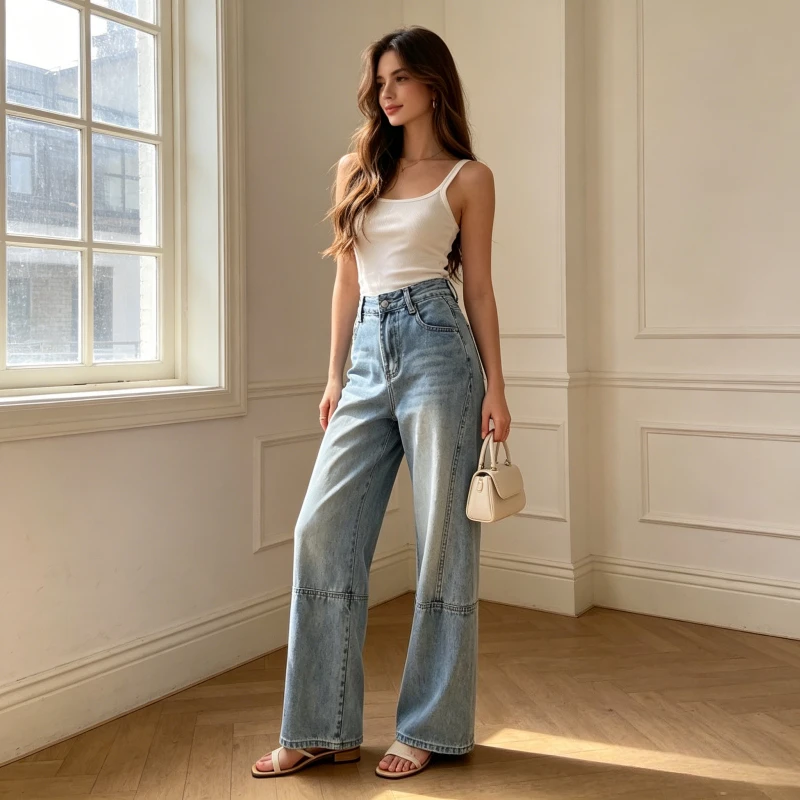 Denim Pant Women Jeans Vintage Wide Leg Long Pants High Waist Straight Trousers Y2k Streetwear Elegant Splice Work Casual 2026