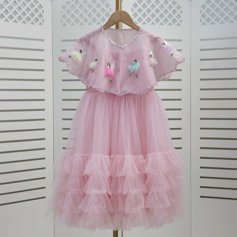 Girls Cake Layered Dress Children Spaghetti Strap Tulle Gown with Shawl Cape Party Pageant Formal Celebration Dresses Costume