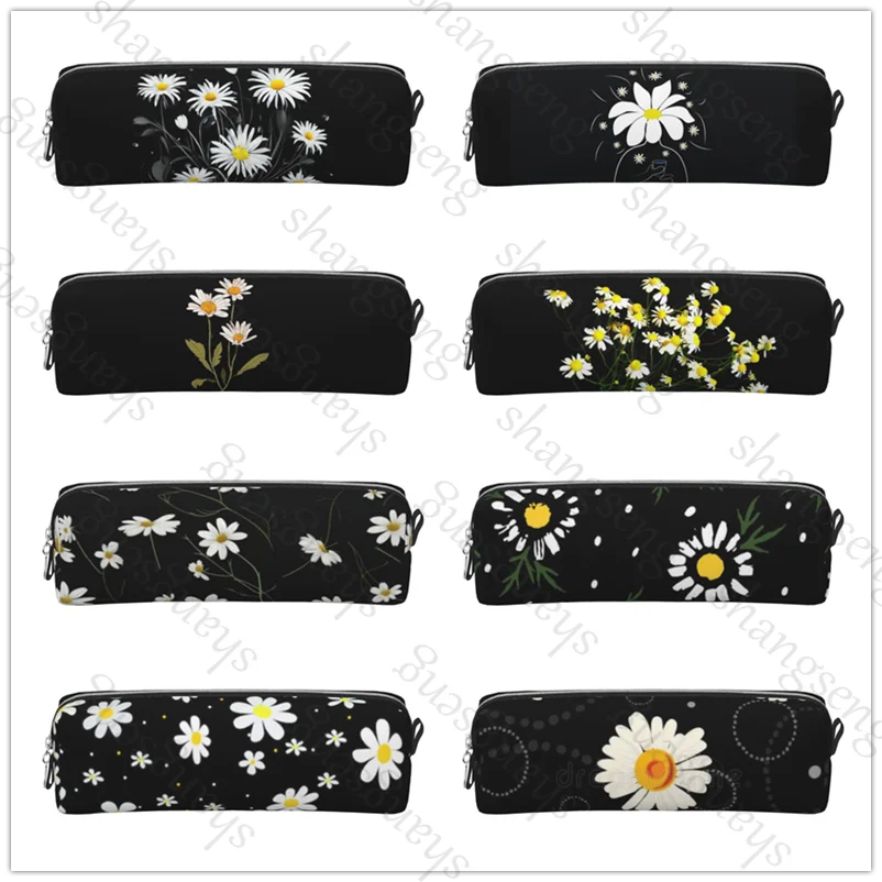Daisy flowers Chamomile Leather Zipper Pencil Box Multifunctional Stationery Storage Bag Student Study Supplies Gift