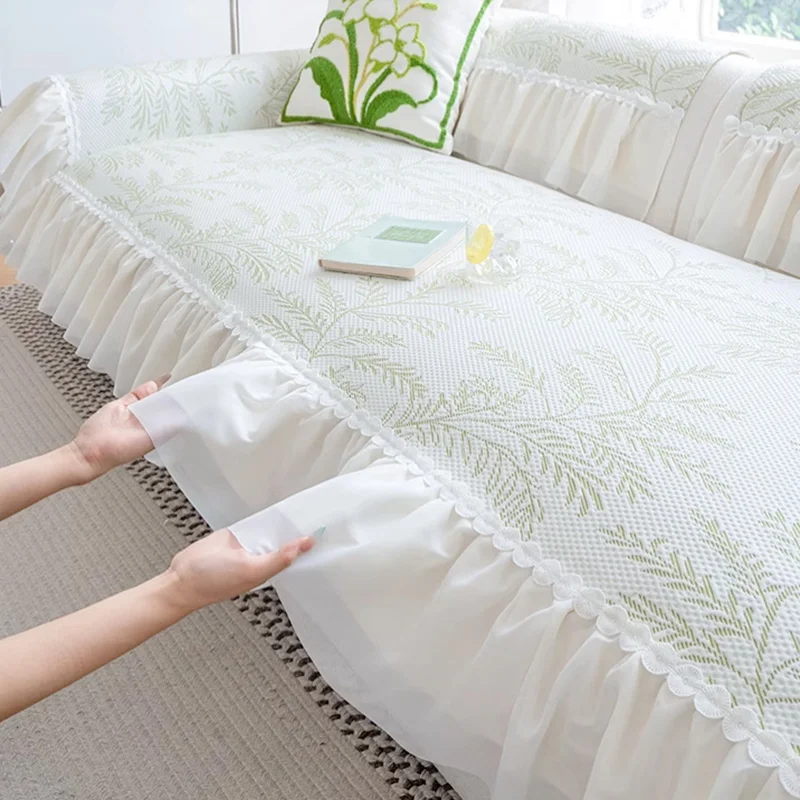 Summer Cooling Silk Sofa Mat with Skirt French Anti Slip Breathable Sofa Cover for Living Room Comfort Anti-Wear Home Textile