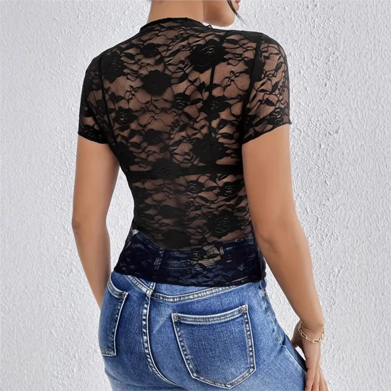 New T Shirt Black Ear-trimmed Small Stand-up Collar Single-layer Lace Fitted T-shirt Top For Women