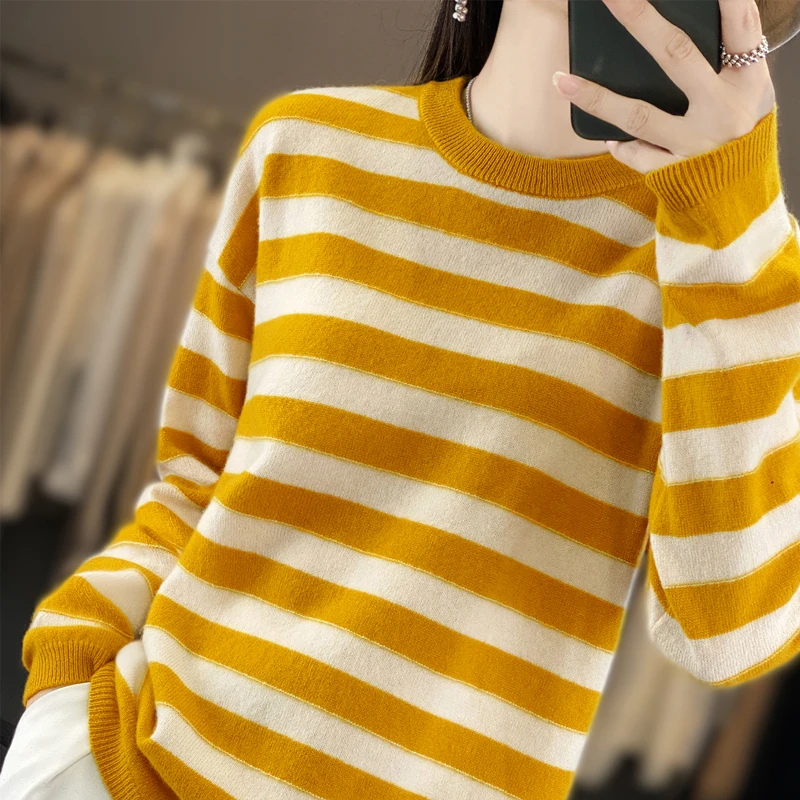 Cashmere sweater women 2024 autumn and winter new cashmere sweater women O-Neck pullover fashion Striped long sleeve pullover