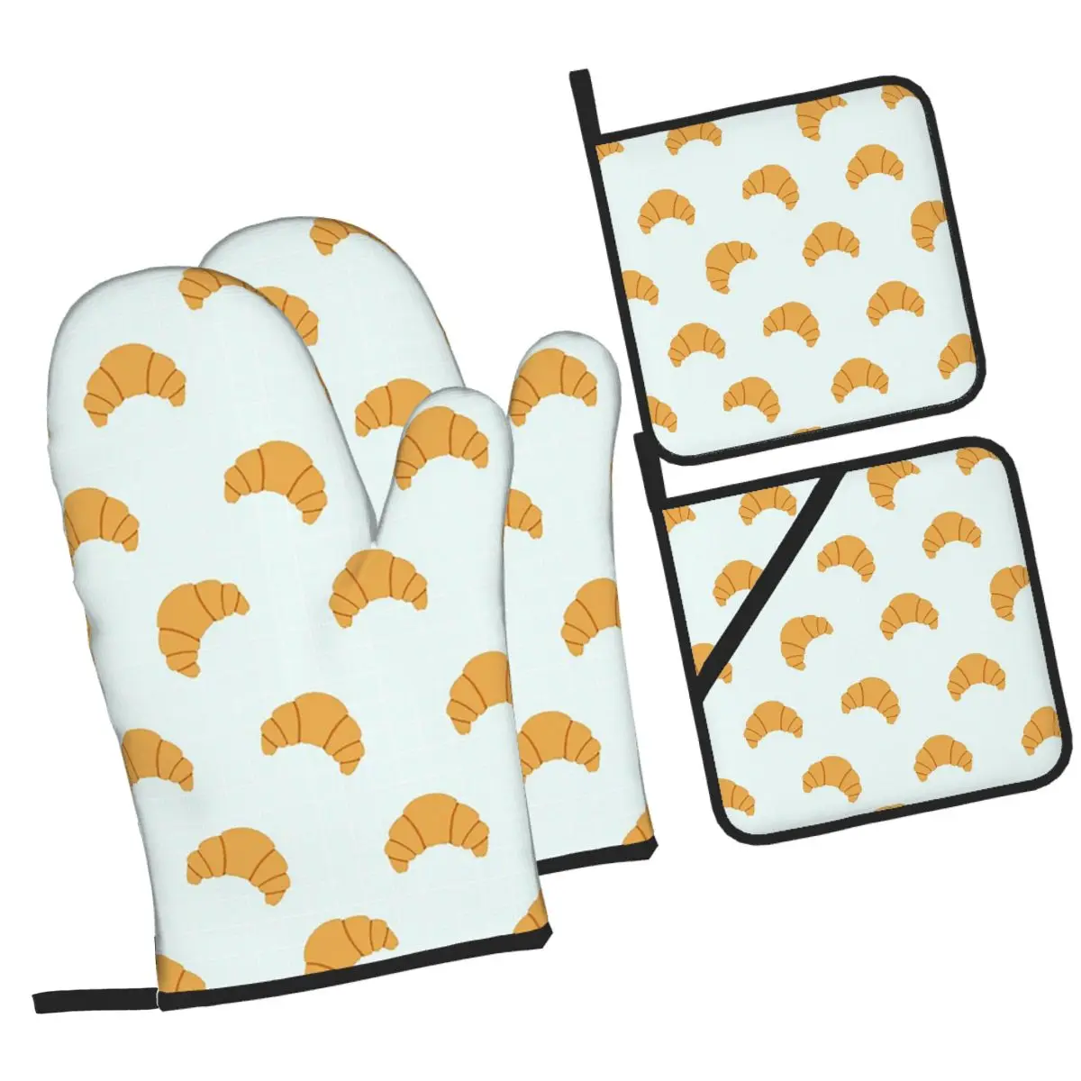 Cute Croissant Print On Blue Background Oven Mitts and Pot Holder Sets of 4 for Baking Cooking BBQ Resistant Non-Slip Gloves