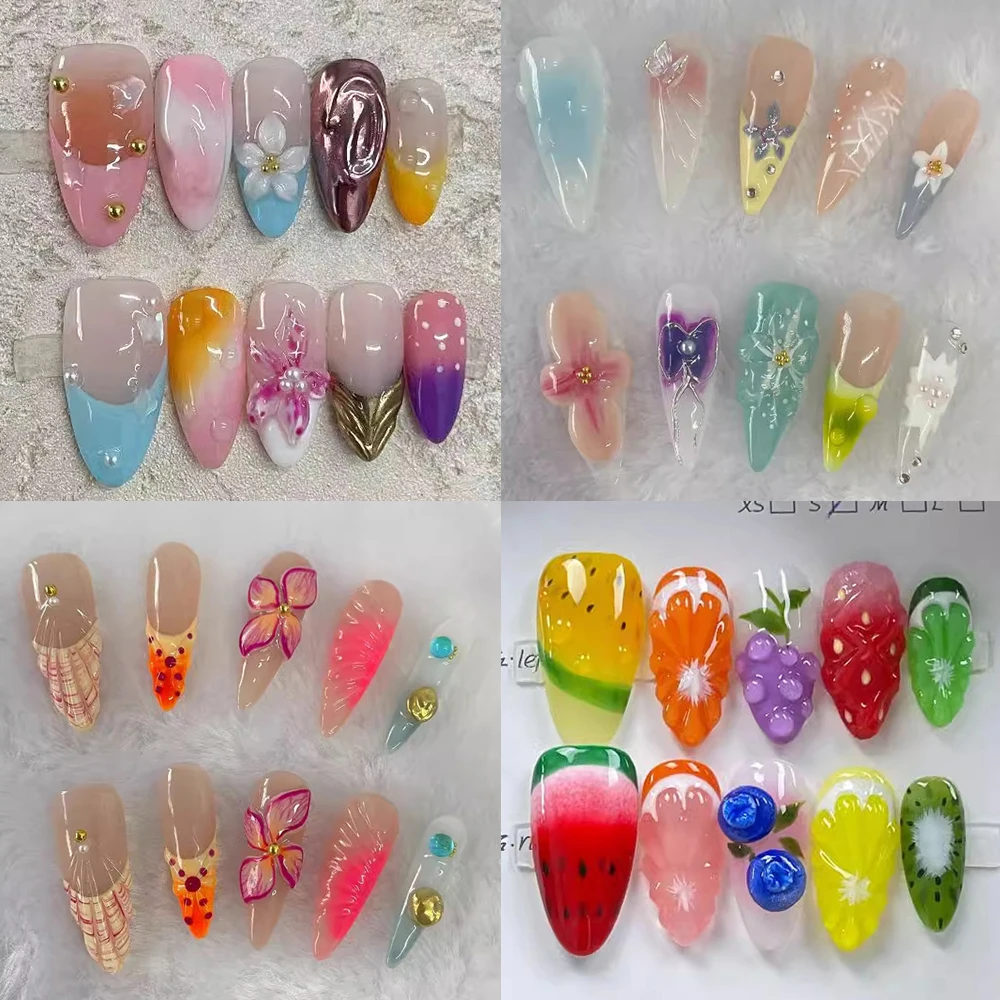 

Cute Rich In Color Fruits Style Design Almond Shape Nail Handmade Vip Custom Nail 3D Flower Press On Fake Nails Holiday Gift