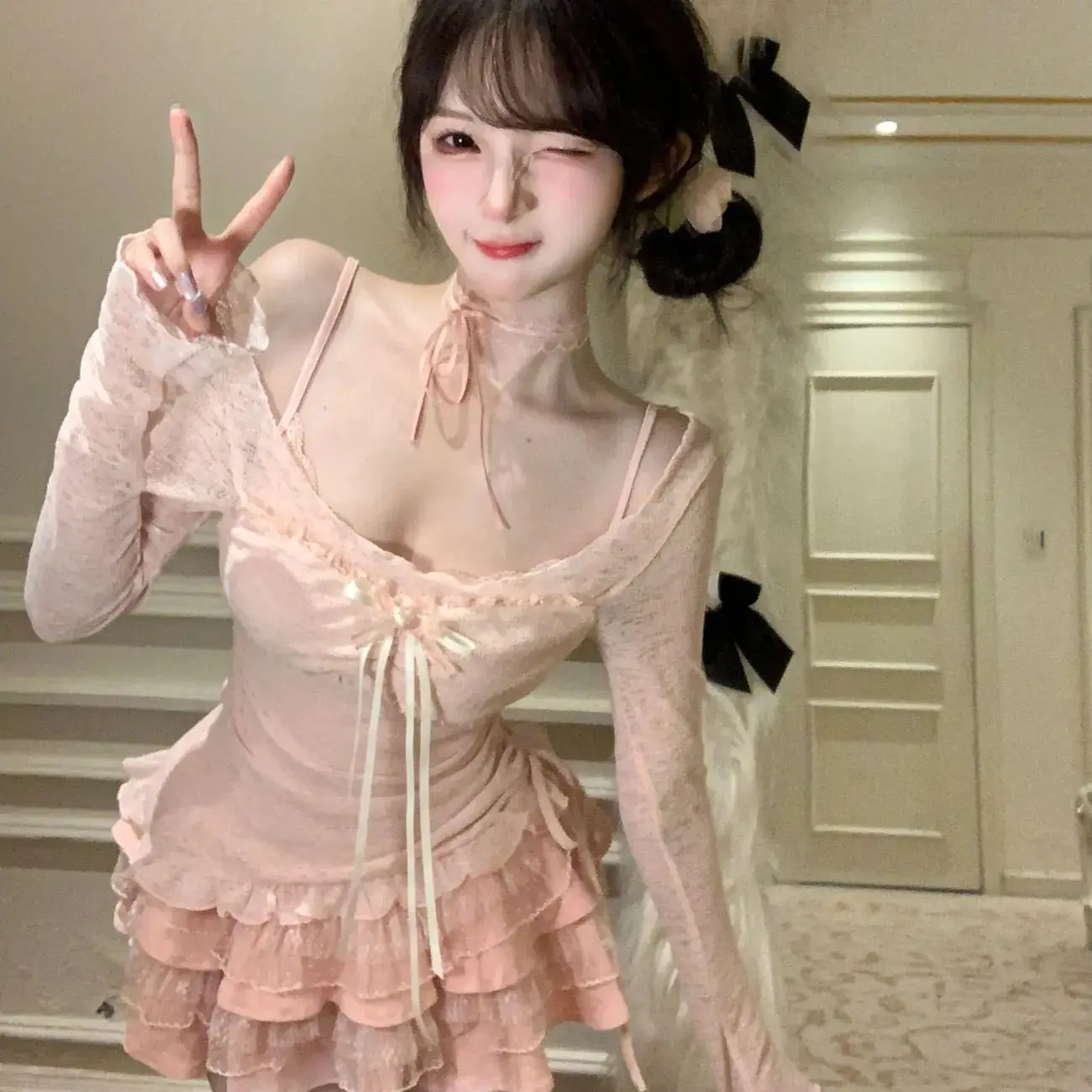 

Gagarich 2025 Girl Temperament Pure Desire Style Lace Sweet New Suspender Long Sleeve Cardigan Dress Set Two-piece Set Women