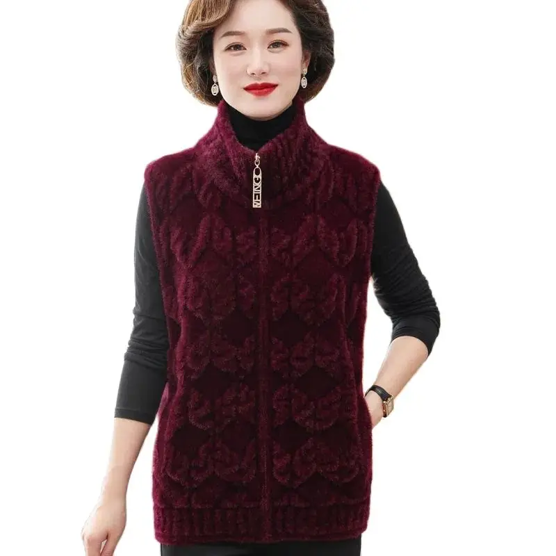 母秋冬ニットベスト厚く暖かいノースリーブジャケット中年女性模造ミンクベルベットジッパーセーターカーディガン