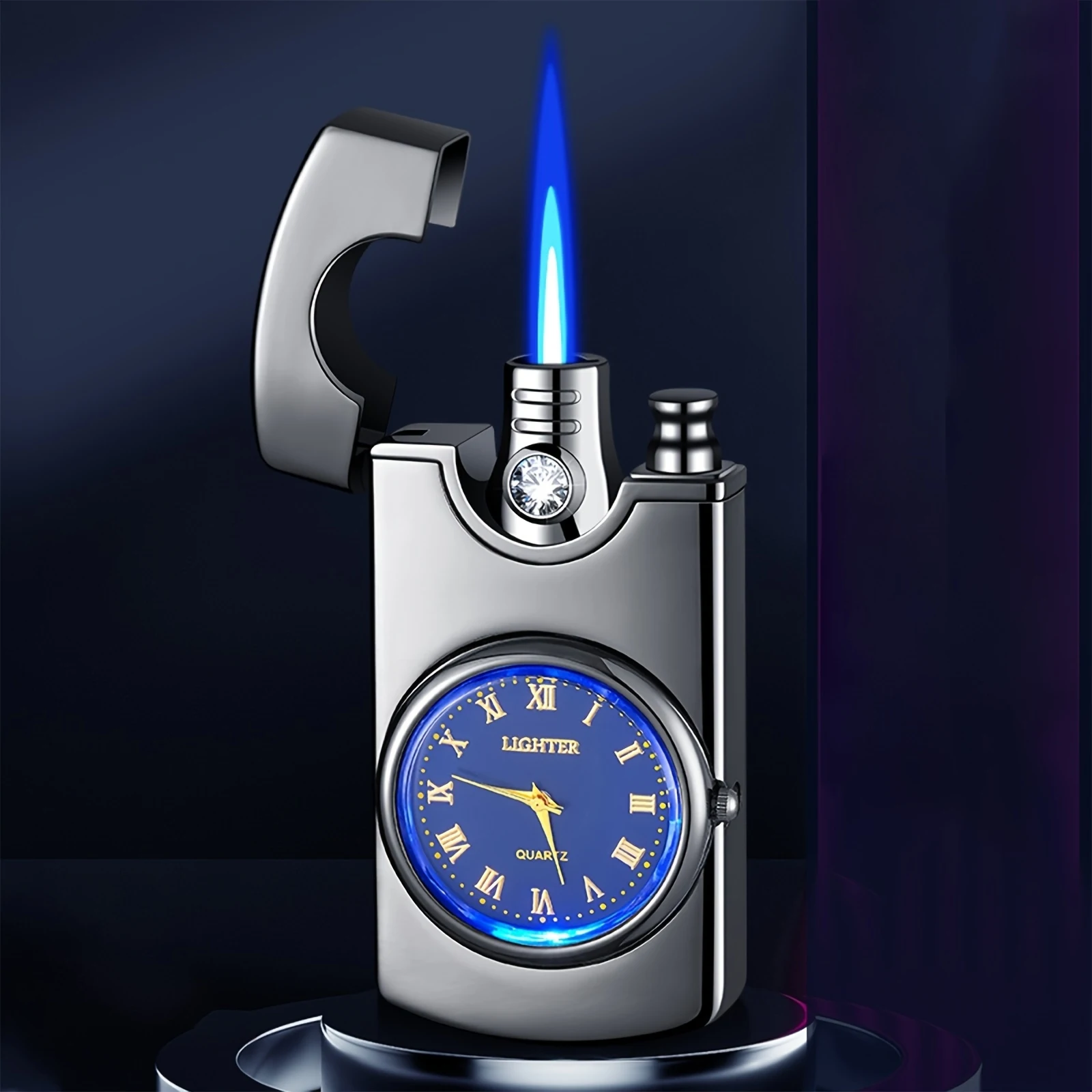 Butane Torch Lighter, Dual Flame Vintage Dial Windproof Lighter, Side Press Ignition Lighter, Adjustable Blue Jet Flame Multi-Functional Refillable Torch, Perfect Gift for Boyfriend & Father, Butane Gas Not Included