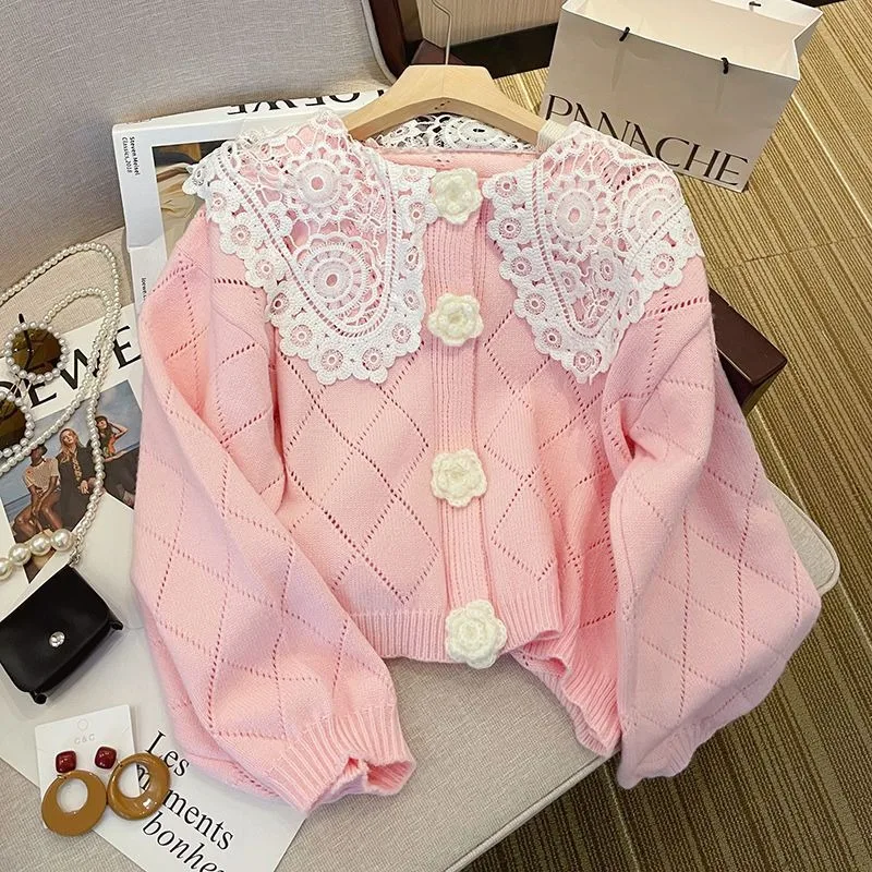 Korejpaa 2024 Lace Peter Pan Collar Sweater Cardigans Women Spring Sweet Knitted Sweaters Outwear Korean Fashion Gentle Top