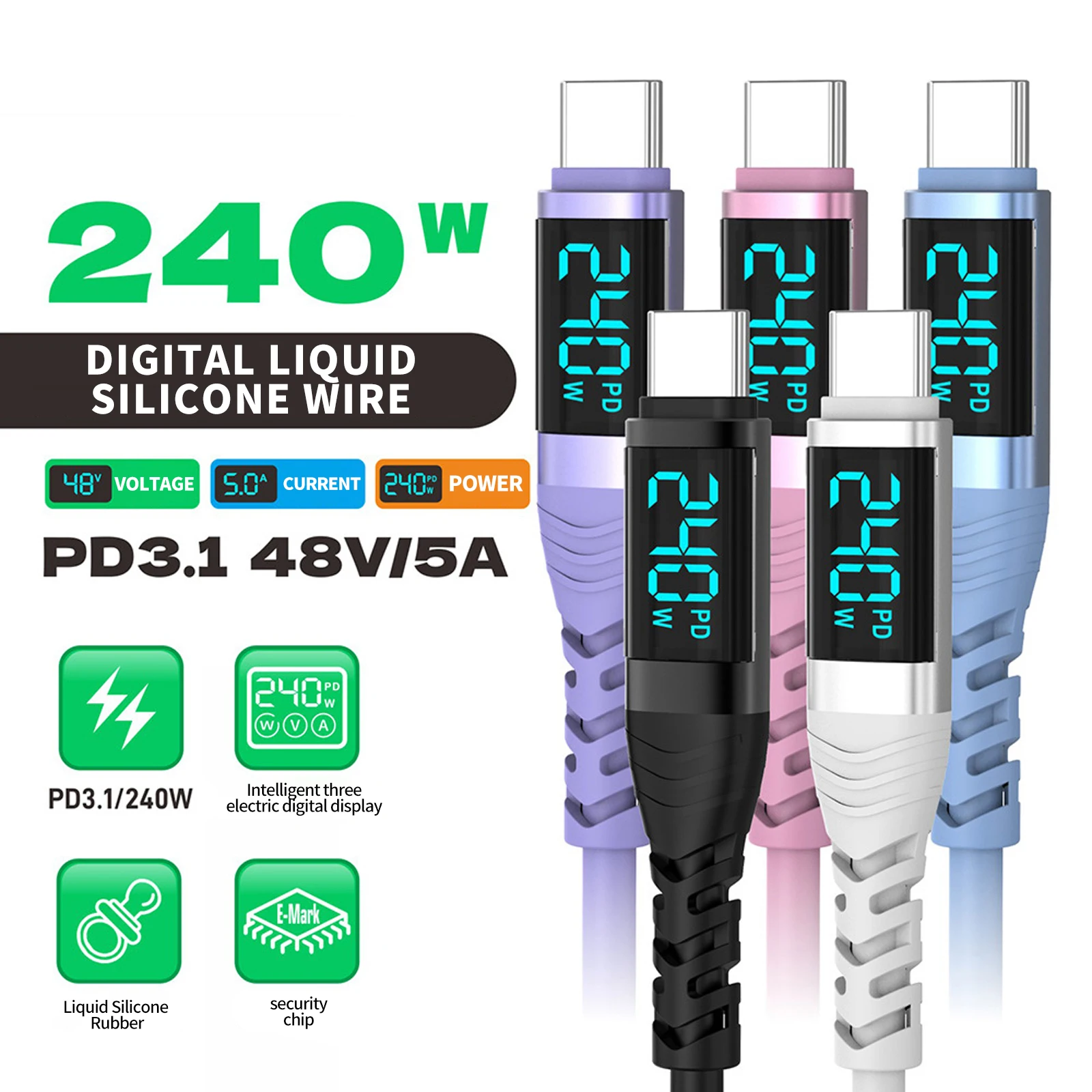 Image of 240W 5A Typ-C zu Typ-C Kabel mit LED-Anzeige, 0,5m/1,2m/2m Silikon PD Schnellladekabel für iPhone 17, Samsung Galaxy A17