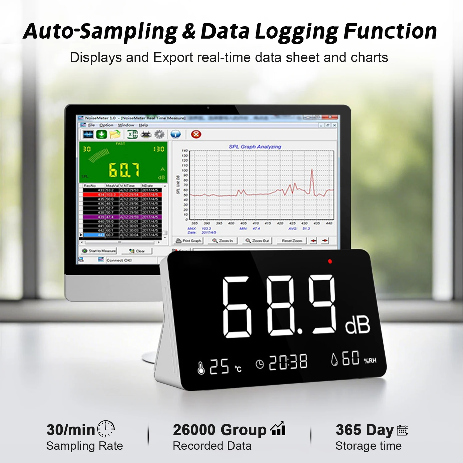 

Sound level meter with data recording, 30-130dB with alarm function, 26,000 data records and exportable, rechargeable.