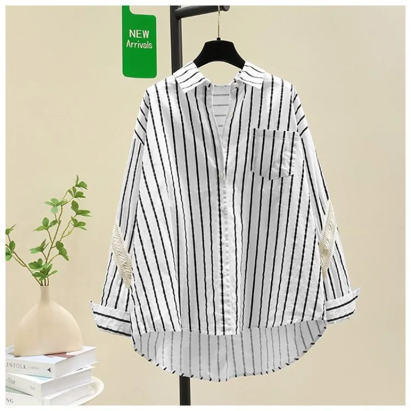 Women's Clothing Long Sleeves Stripes Thin Shirt Patchwork Blouses Fashion Casual Loose Cardigan Shirt Trench Coat for Women
