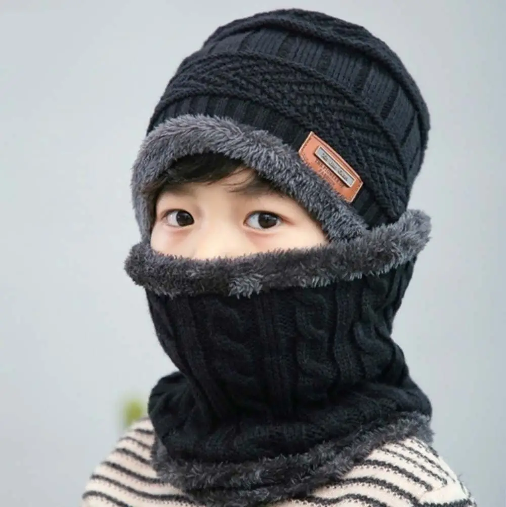 Sports Warm Fleece Lined Children Cap Circle Scarf Winter Knit Hats Kids Cap Scarf Set Hedging Hat Scarf Set Boy Beanie Hat