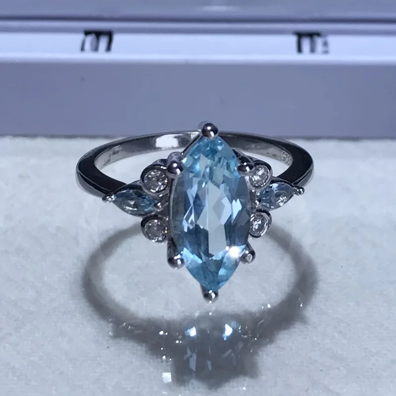 SGARIT Genuine 925 Sterling Silver Rings for Women 6x12mm Blue Topaz Gemstone Engagement Wedding Ring