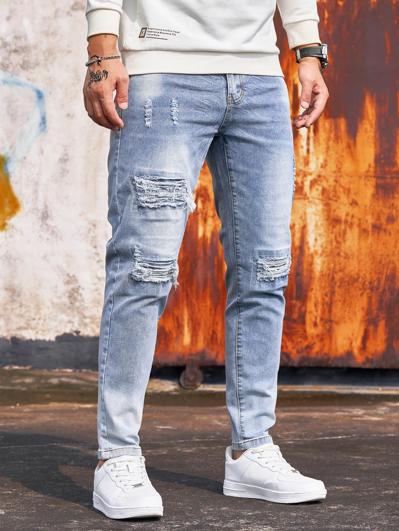 

Men's Blue Elastic Skinny Jeans Vintage Hole Washed Solid Color Denim Pants Men's Casual and Fashionable Pencil Pants Street