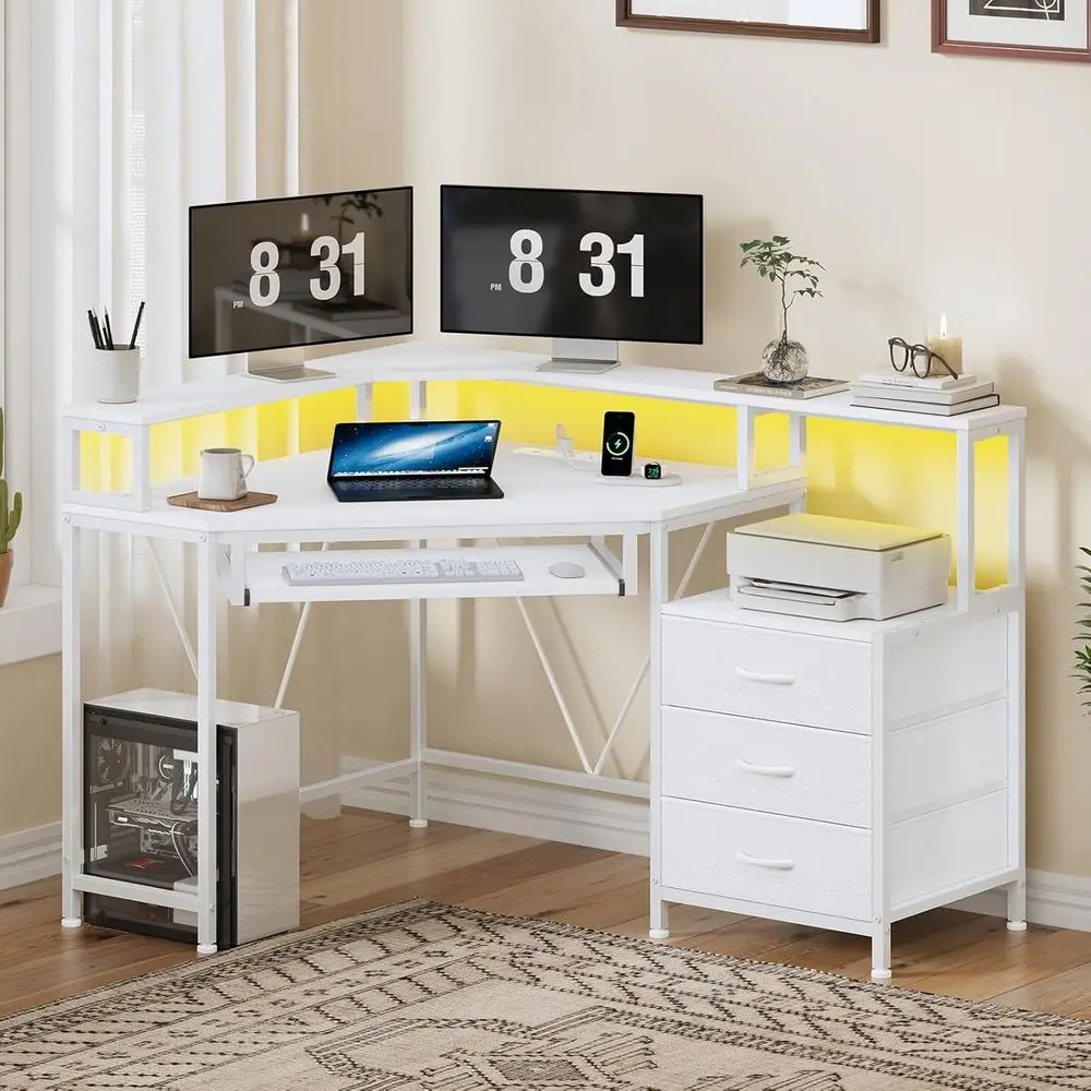 47-inch Compact Desk with Drawers, Power Outlets, Printer Shelf, and LED-lit Gaming Features, White