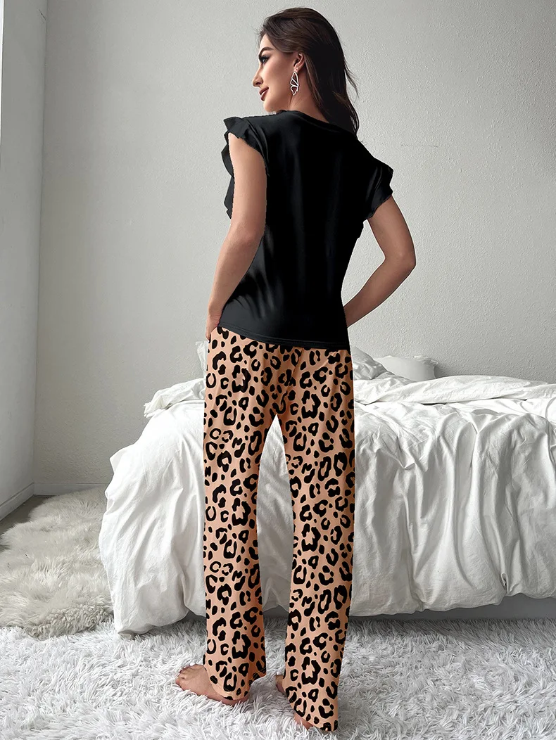 New Faux Cotton Pajamas Set Women Vest Trousers&Flying sleeves Set Round Neck Sleepwear Girls Leopard Print Loungewear Pyjamas