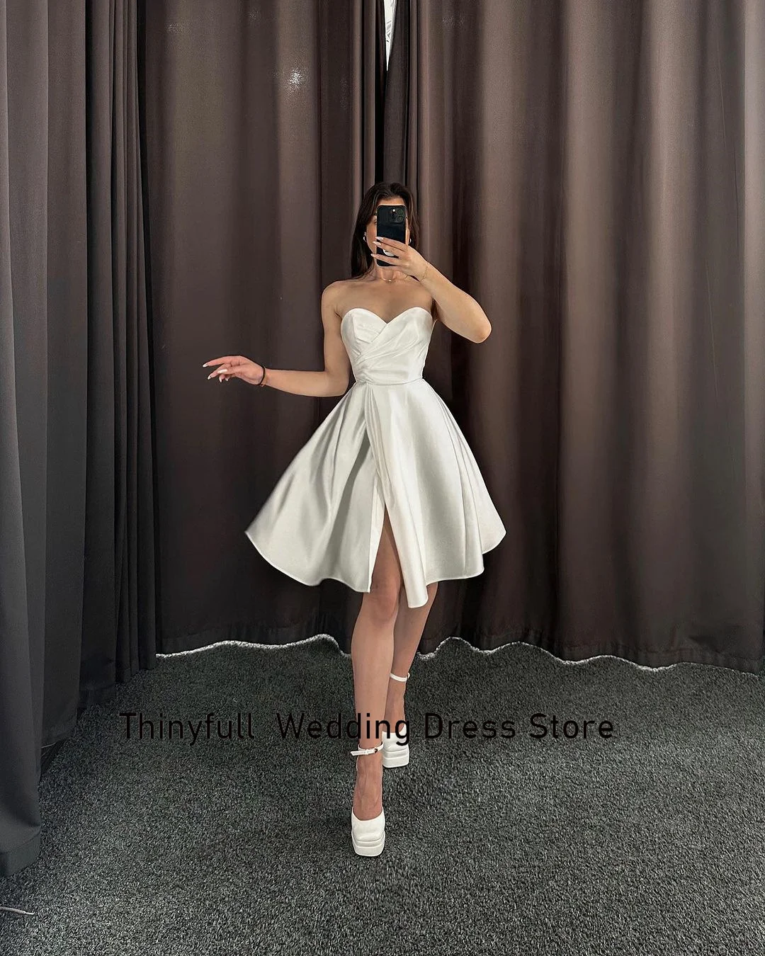 Thin full a-line kurze Brautkleider Schatz ärmellose Brautkleider Satin Split einfaches Brautkleid vestido de novia