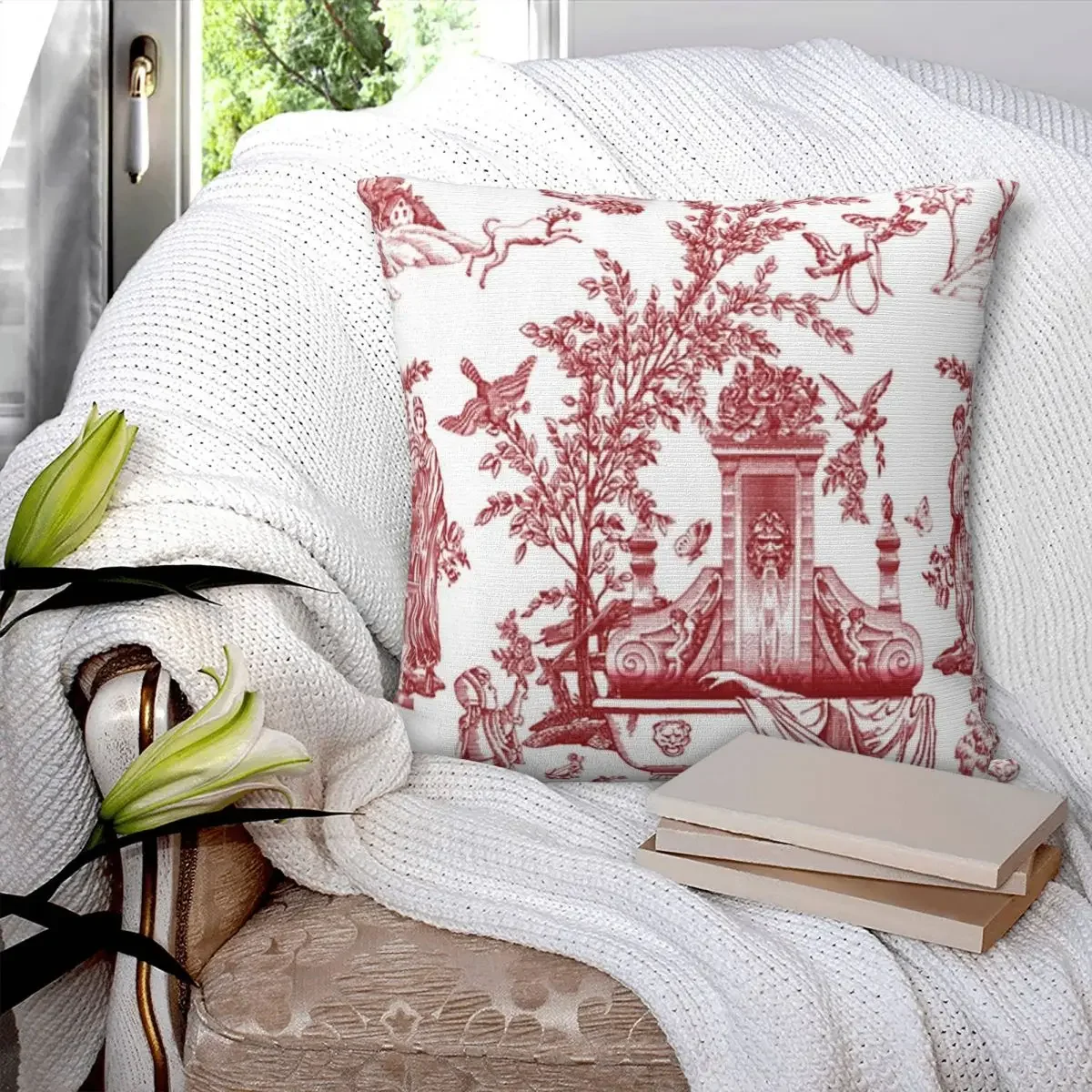 Red Toile Pattern Design Pillowcase Polyester Pillows Cover Cushion Comfort Throw Pillow Sofa Decorative Cushion Used for Bedroo