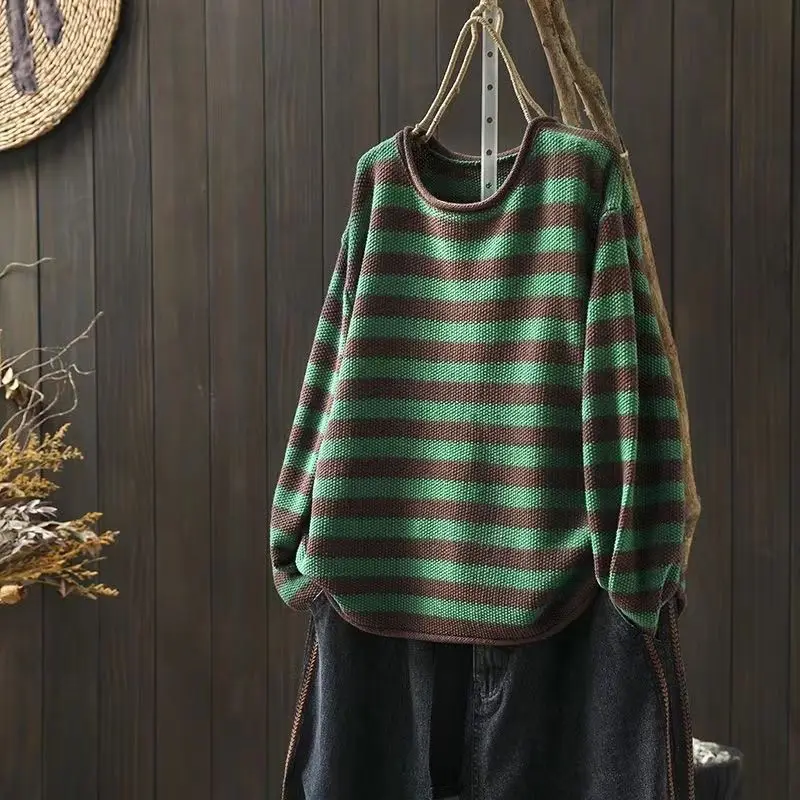 Fashion sweter garis kontras wanita, atasan pullover rajut dasar lengan panjang longgar Vintage serbaguna baru Musim Semi dan Gugur