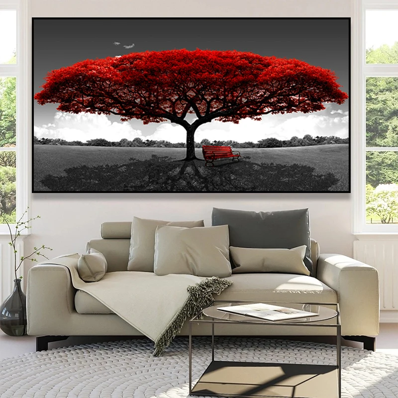 Abstract Red Tree White Flowers Golden Lucky Elk Posters Canvas Painting Wall Art Prints Pictures Living Room Home Decor Cuadros