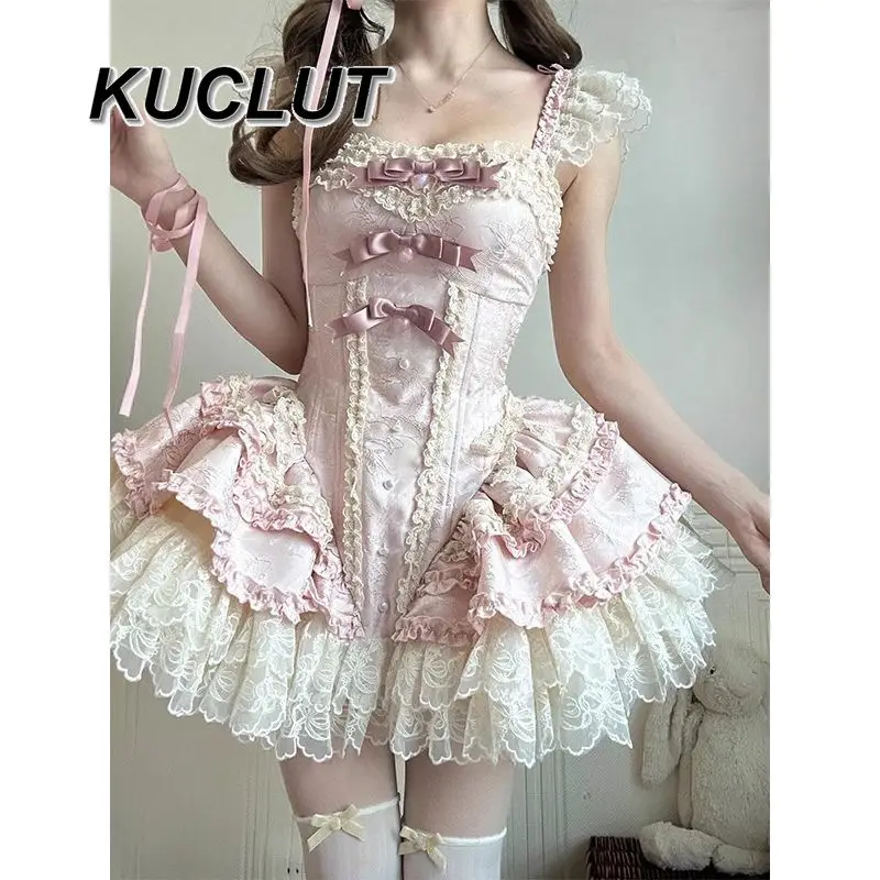 Dolce e carino rosa chiaro Lolita Styleshort Fishbone Jsk Dress Fashion Summer 2025 Nuovi eleganti abiti con cinturino per spaghetti per le donne