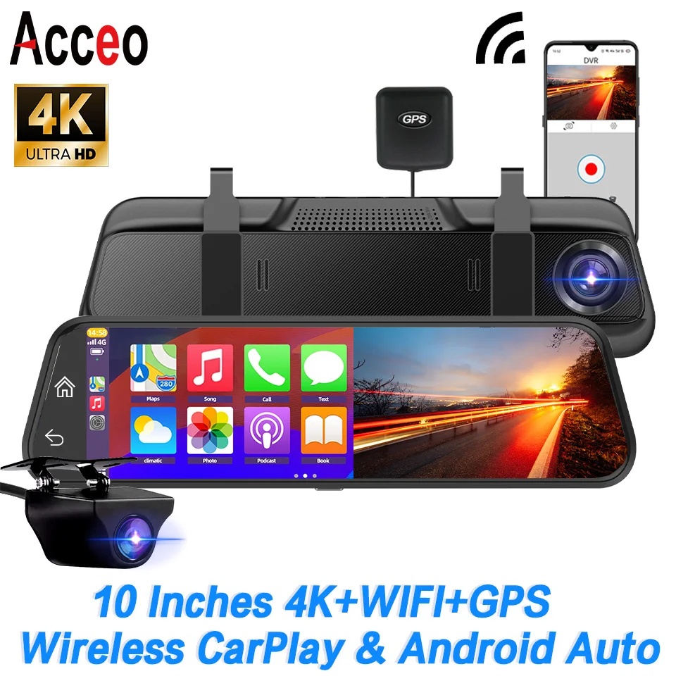 4K Dash cam Black box Car DVR Wireless Carplay & Android Auto RearView Mirror Support Rear View Camera Car Camera Video Recorder