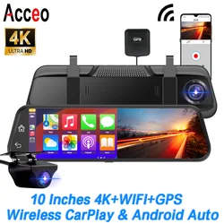 4K Dash cam Black box Car DVR Wireless Carplay & Android Auto RearView Mirror Support Rear View Camera Car Camera Video Recorder